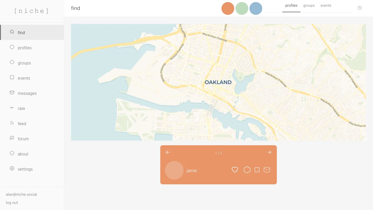 niche app — find view showing a map of Oakland with nearby profiles and a profile card